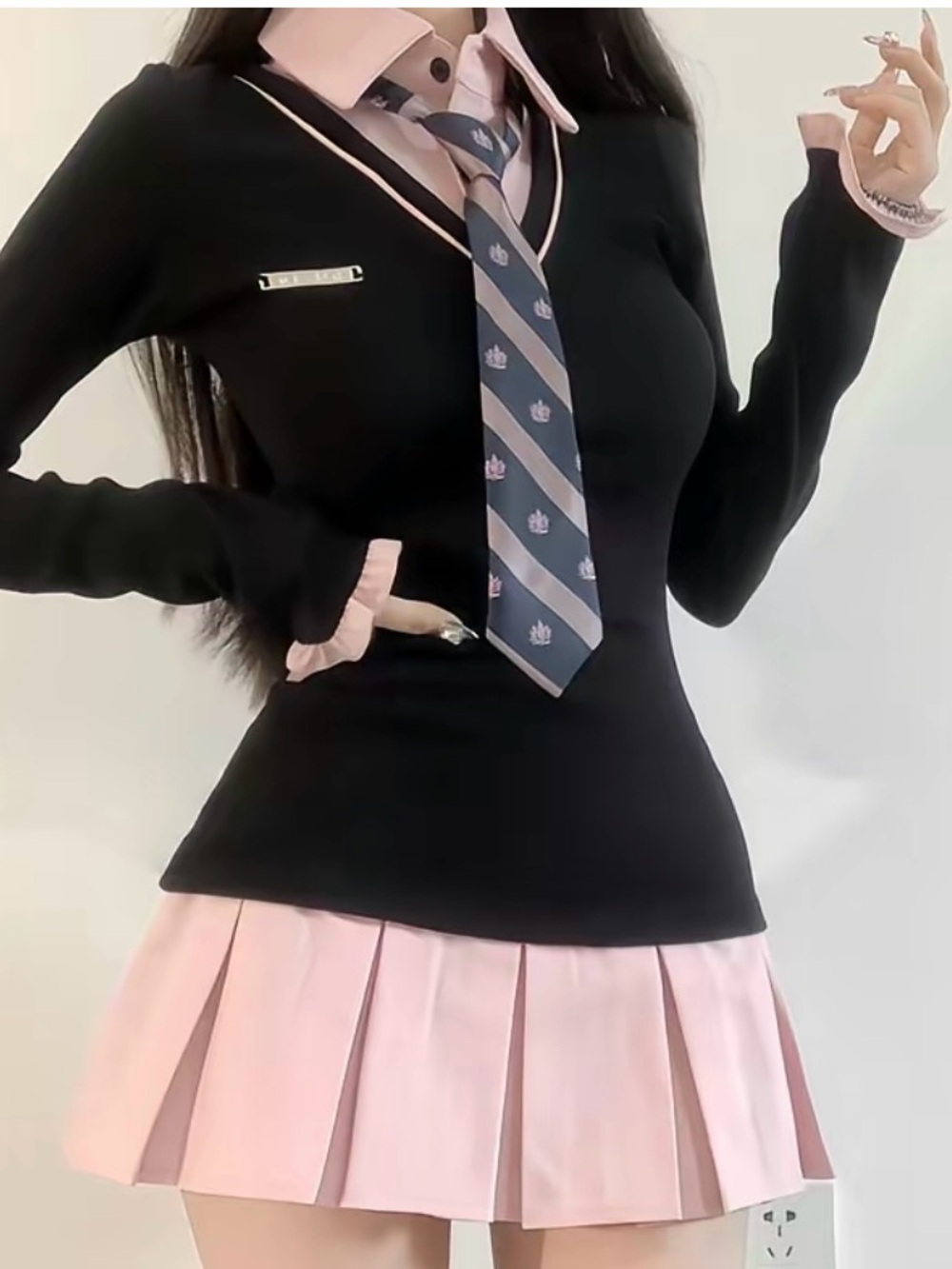 Pleated Pink Mini Skirt, sweater and shirt-one piece plus tie.